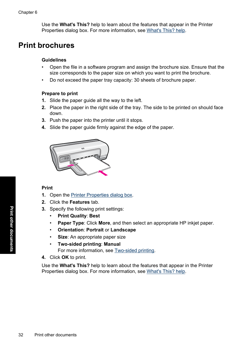 Print brochures, Brochures | HP Deskjet Ink Advantage D730 Printer User Manual | Page 34 / 122