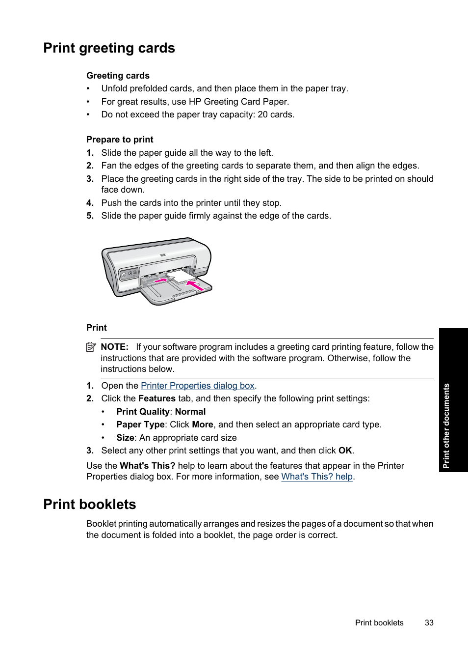 Print greeting cards, Print booklets, Print greeting cards print booklets | Greeting cards, Booklets | HP Deskjet Ink Advantage D730 Printer User Manual | Page 35 / 122