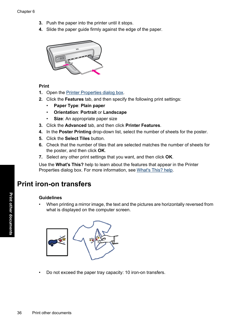 Print iron-on transfers, Iron-on transfers | HP Deskjet Ink Advantage D730 Printer User Manual | Page 38 / 122