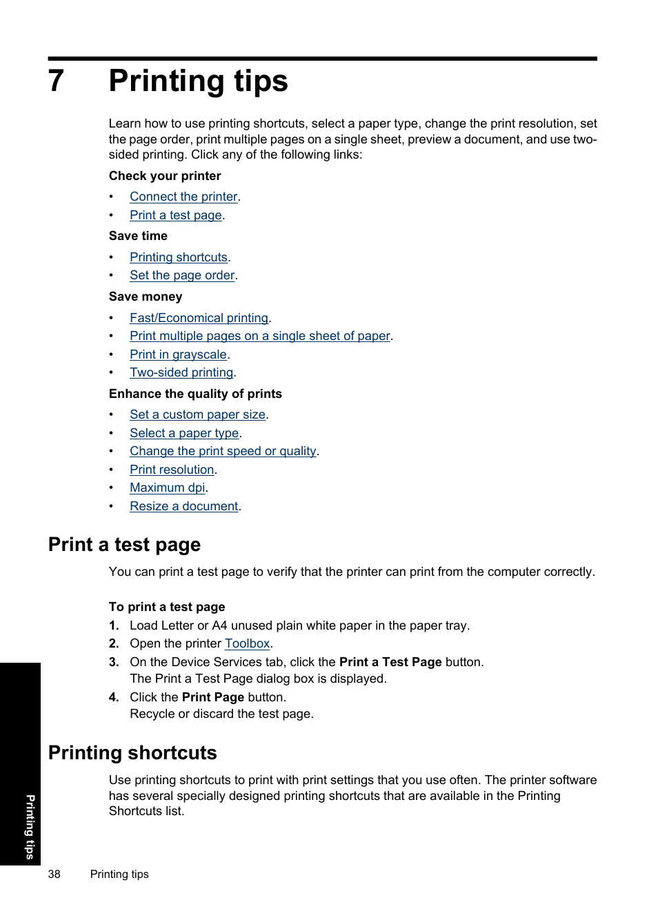 Printing tips, Printing shortcuts, 7 printing tips | 7printing tips, Print a test page | HP Deskjet Ink Advantage D730 Printer User Manual | Page 40 / 122