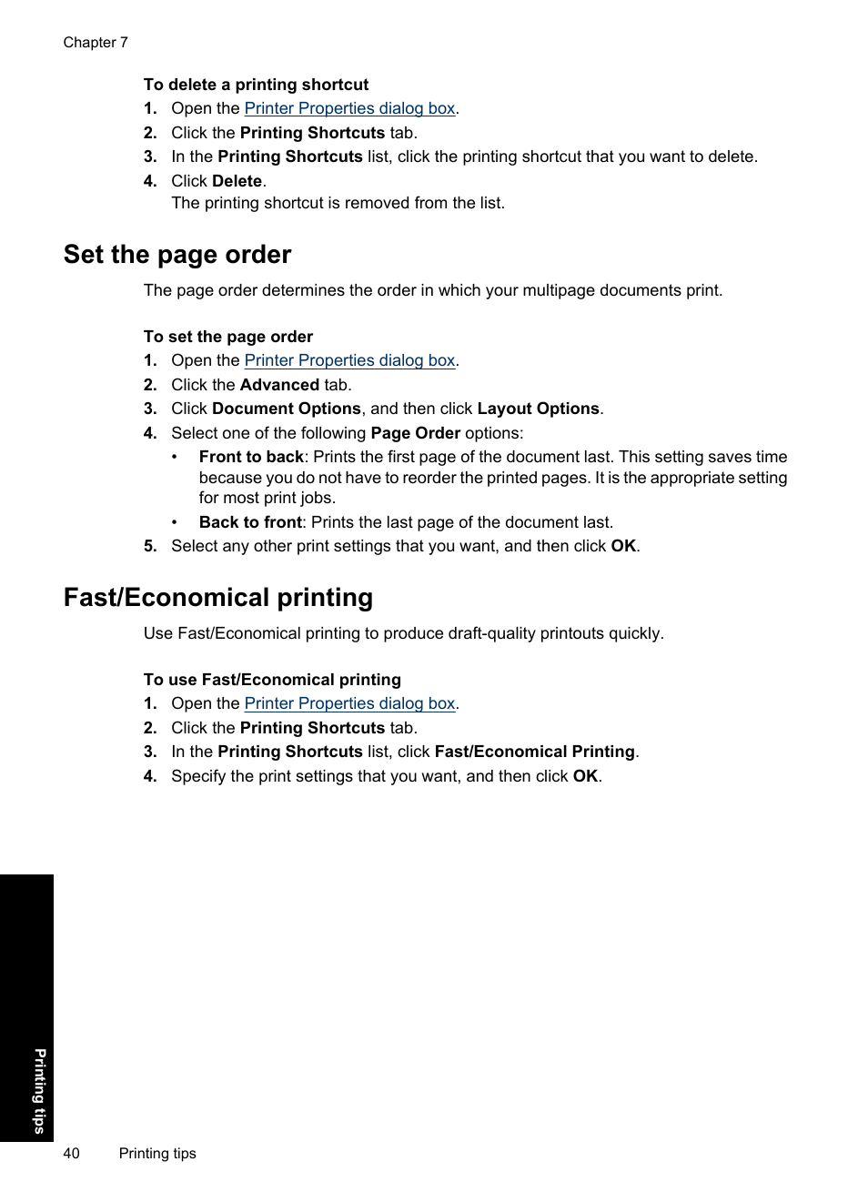 Fast/economical printing, Set the page order | HP Deskjet Ink Advantage D730 Printer User Manual | Page 42 / 122