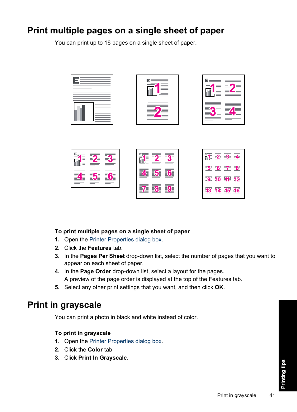 Print in grayscale, Print multiple pages on a single sheet of paper | HP Deskjet Ink Advantage D730 Printer User Manual | Page 43 / 122