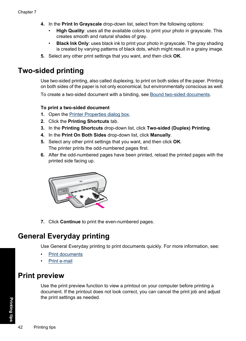 Two-sided printing, General everyday printing, Print preview | HP Deskjet Ink Advantage D730 Printer User Manual | Page 44 / 122