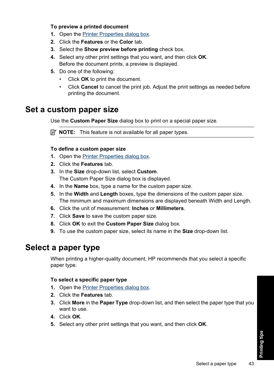 Set a custom paper size, Select a paper type, Set a custom paper size select a paper type | HP Deskjet Ink Advantage D730 Printer User Manual | Page 45 / 122