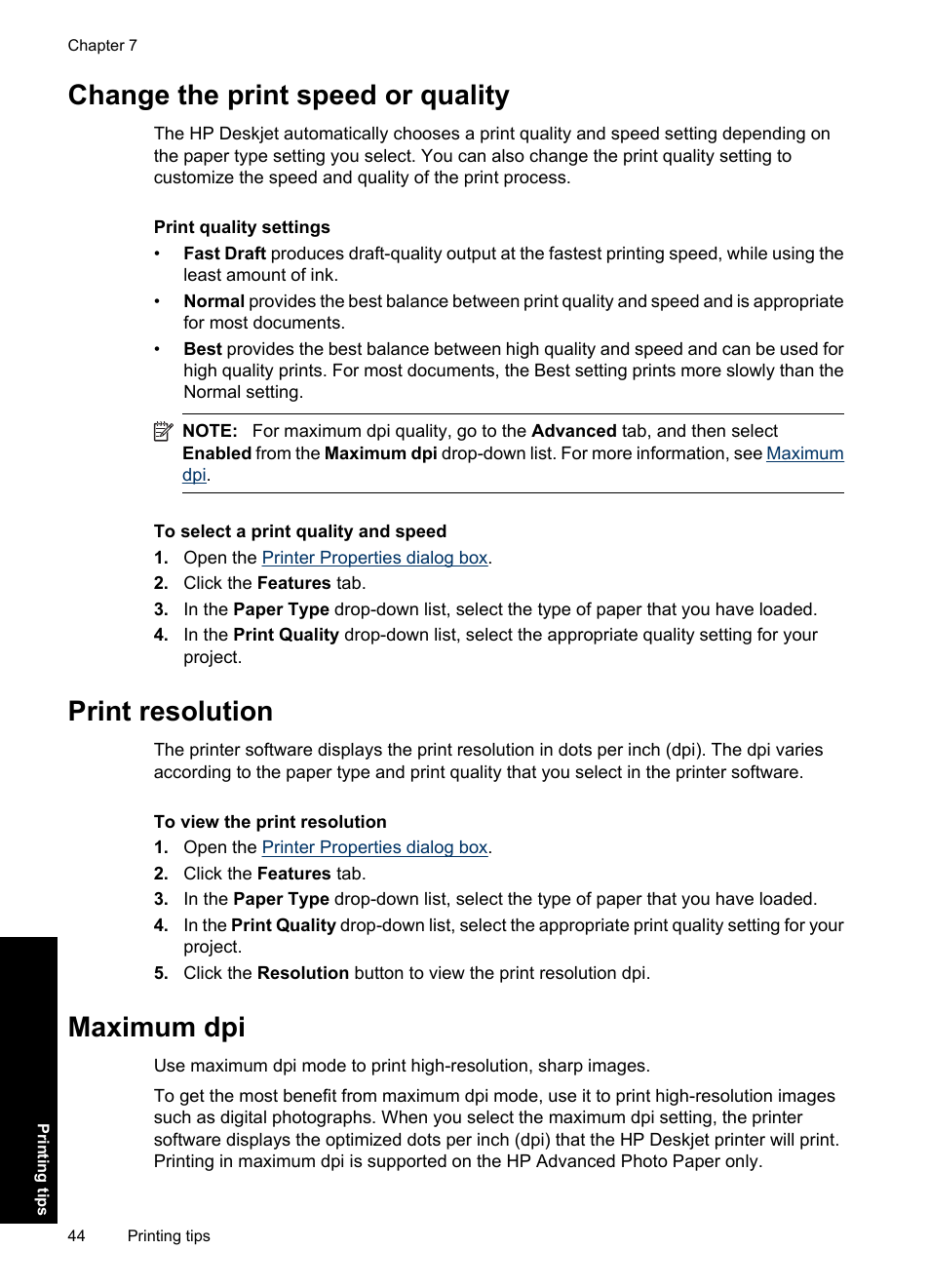 Change the print speed or quality, Print resolution, Maximum dpi | HP Deskjet Ink Advantage D730 Printer User Manual | Page 46 / 122