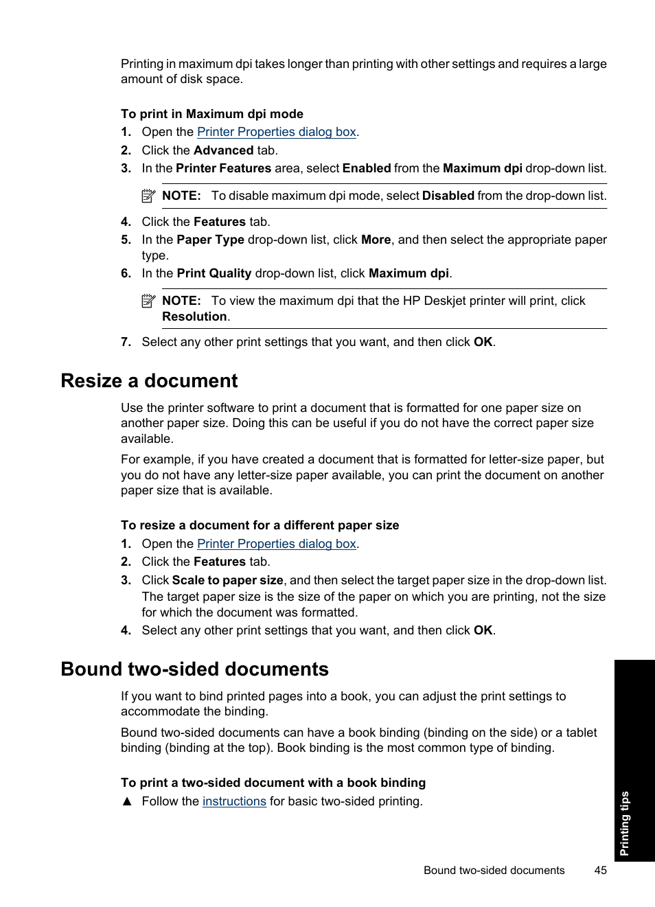 Resize a document, Bound two-sided documents, Resize a document bound two-sided documents | HP Deskjet Ink Advantage D730 Printer User Manual | Page 47 / 122