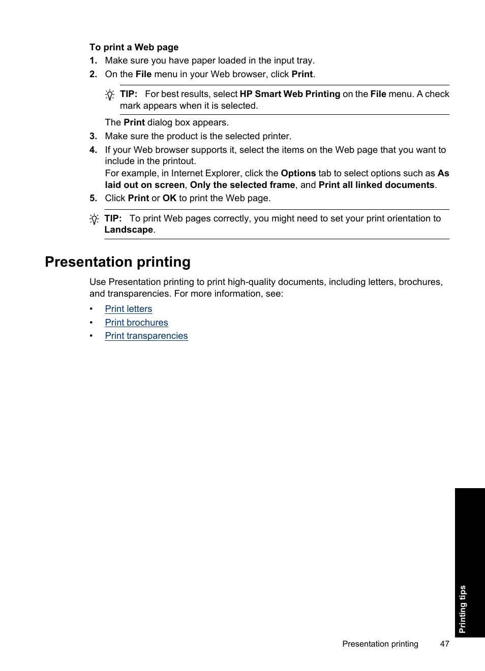 Presentation printing | HP Deskjet Ink Advantage D730 Printer User Manual | Page 49 / 122