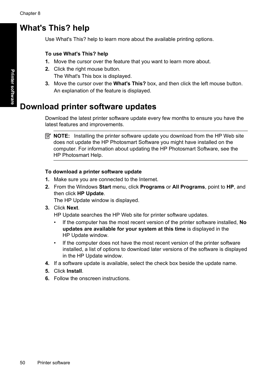 What's this? help, Download printer software updates | HP Deskjet Ink Advantage D730 Printer User Manual | Page 52 / 122
