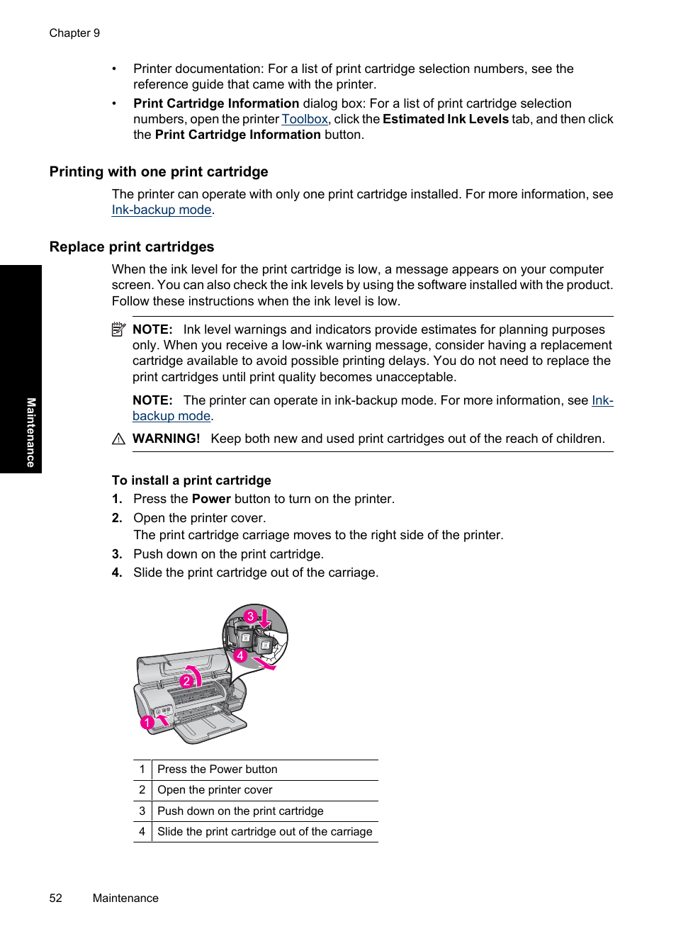 Printing with one print cartridge, Replace print cartridges | HP Deskjet Ink Advantage D730 Printer User Manual | Page 54 / 122