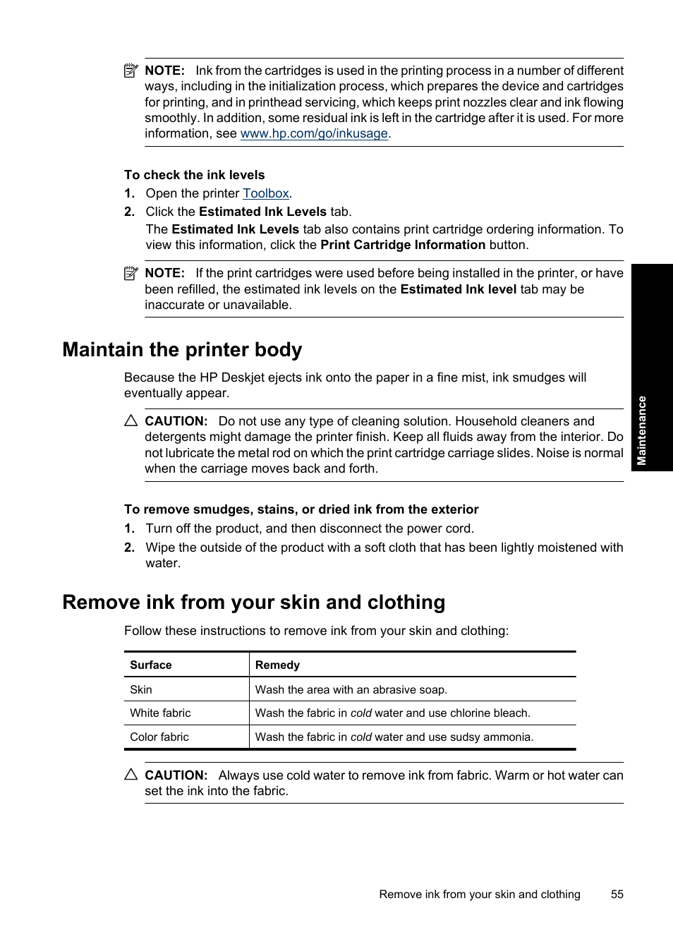 Maintain the printer body, Remove ink from your skin and clothing | HP Deskjet Ink Advantage D730 Printer User Manual | Page 57 / 122