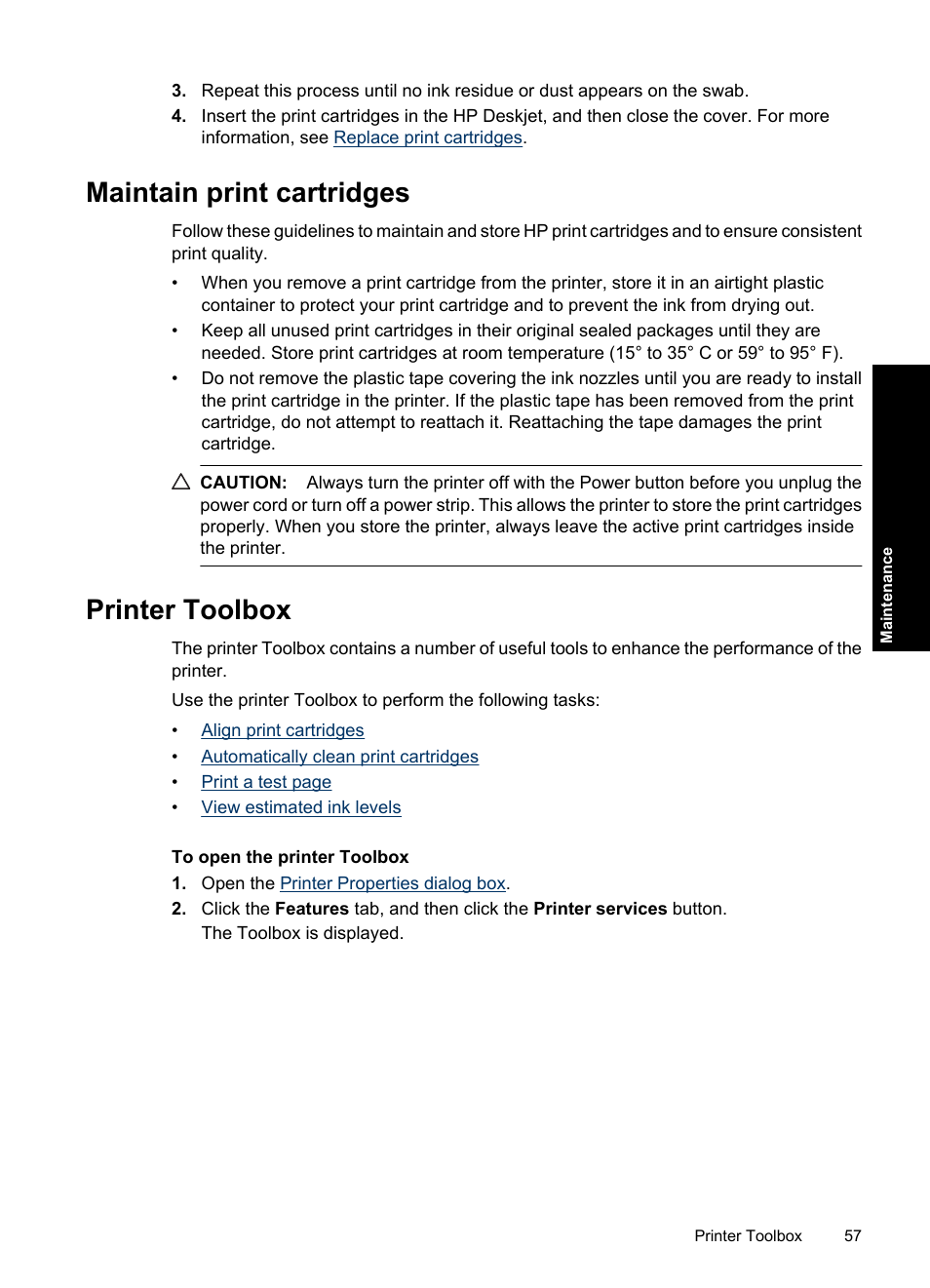 Maintain print cartridges, Printer toolbox, Maintain print cartridges printer toolbox | Toolbox, Click | HP Deskjet Ink Advantage D730 Printer User Manual | Page 59 / 122