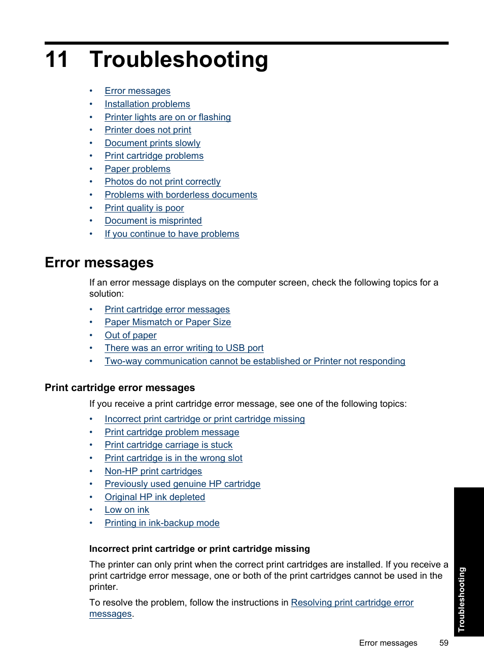 Troubleshooting, Error messages, Print cartridge error messages | 11 troubleshooting | HP Deskjet Ink Advantage D730 Printer User Manual | Page 61 / 122