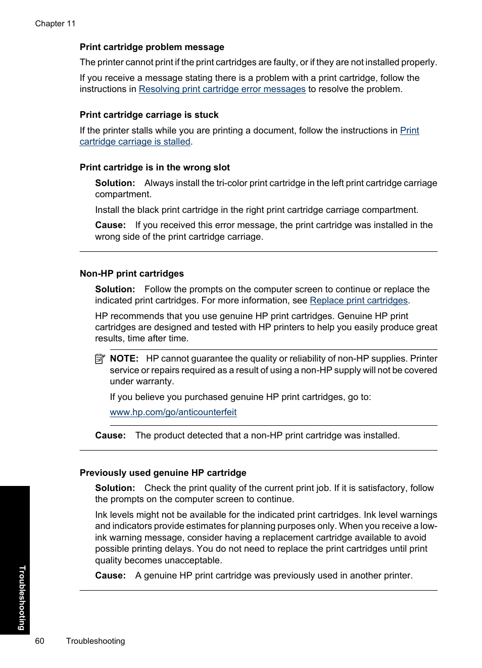 Print cartridge problem message, Print cartridge carriage is stuck, Print cartridge is in the wrong slot | Non-hp print cartridges, Previously used genuine hp cartridge | HP Deskjet Ink Advantage D730 Printer User Manual | Page 62 / 122