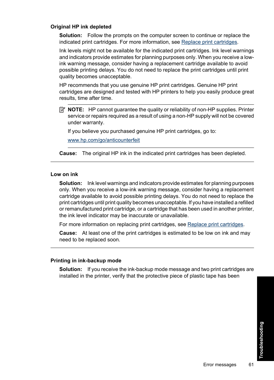 Original hp ink depleted, Low on ink, Printing in ink-backup mode | HP Deskjet Ink Advantage D730 Printer User Manual | Page 63 / 122