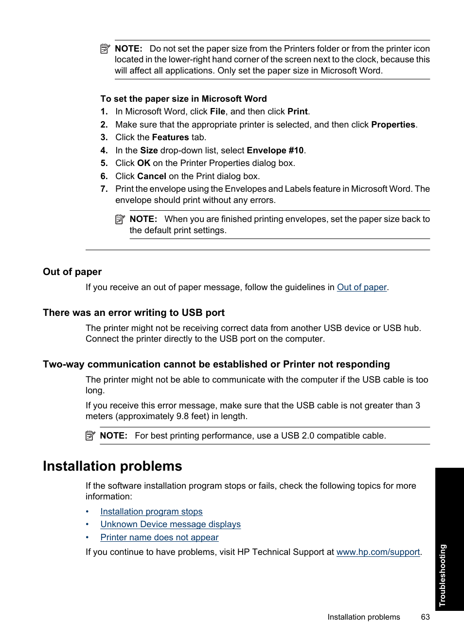 Out of paper, There was an error writing to usb port, Installation problems | HP Deskjet Ink Advantage D730 Printer User Manual | Page 65 / 122