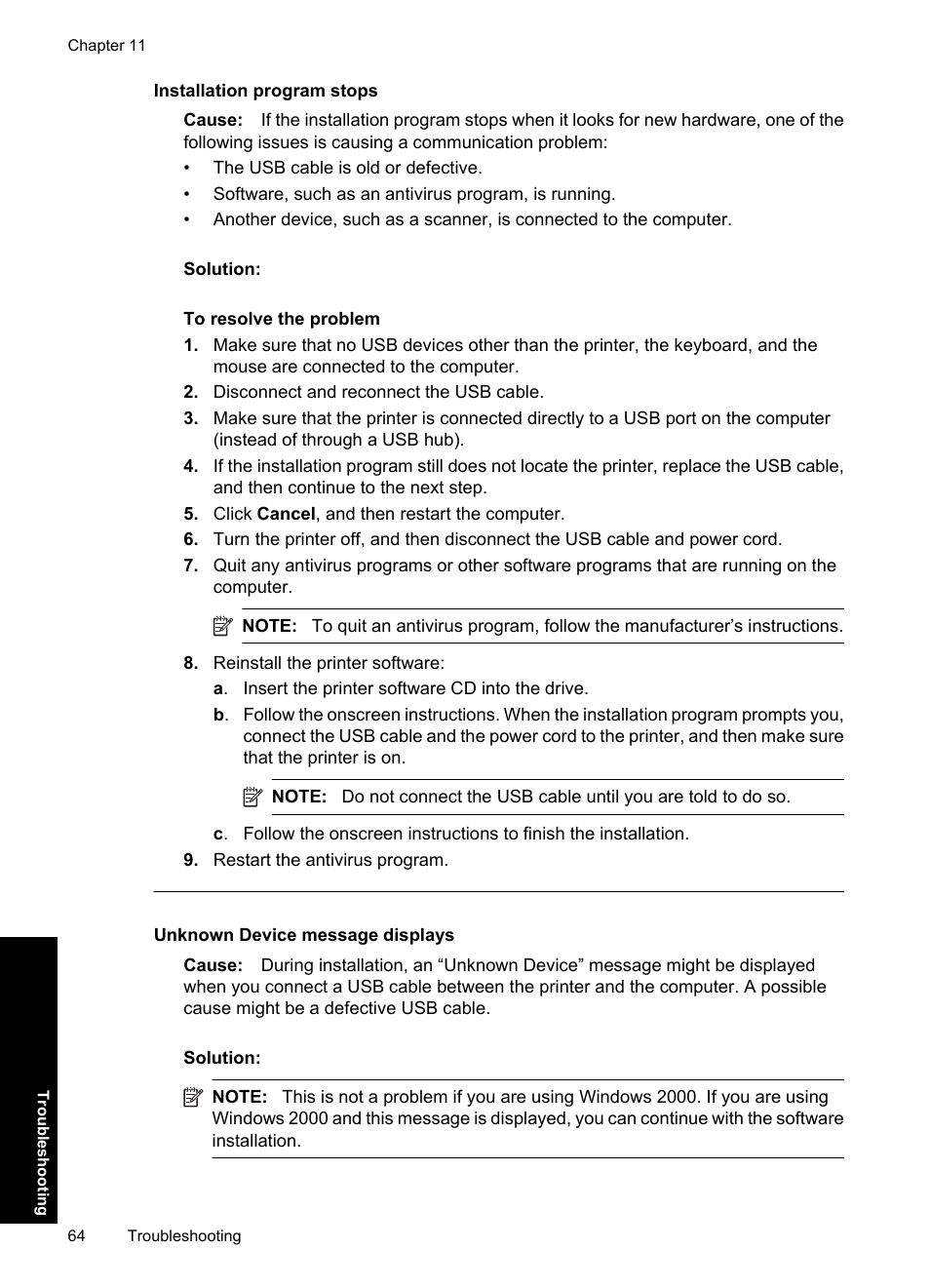 Installation program stops, Unknown device message displays | HP Deskjet Ink Advantage D730 Printer User Manual | Page 66 / 122