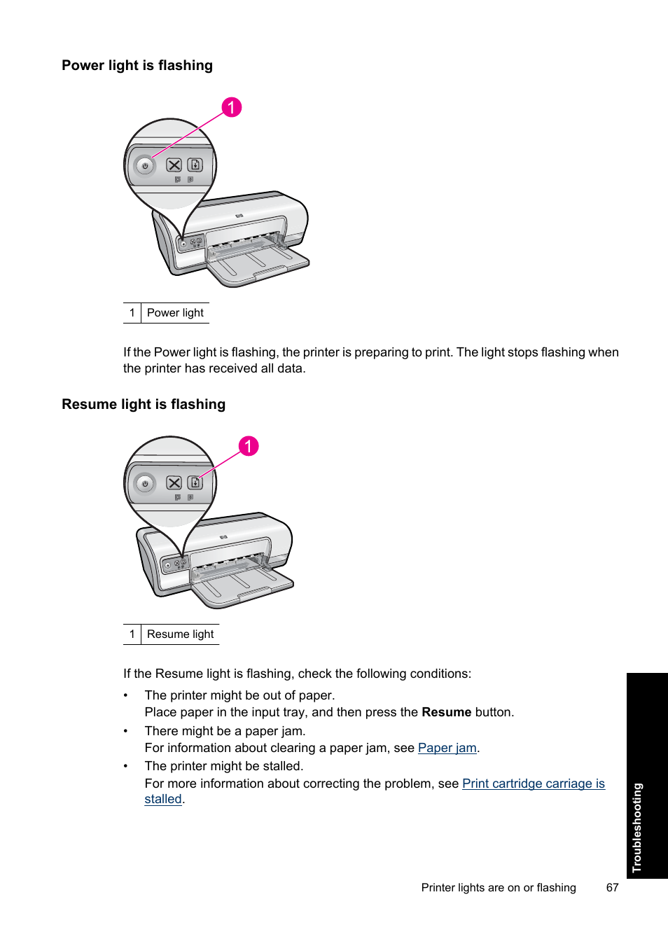 Power light is flashing, Resume light is flashing | HP Deskjet Ink Advantage D730 Printer User Manual | Page 69 / 122