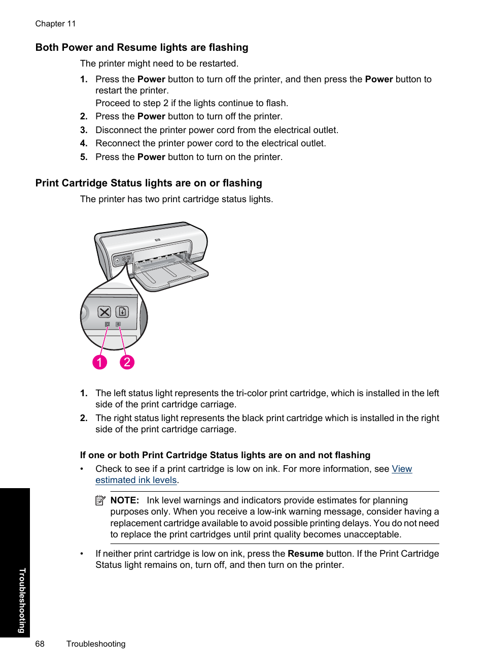 Both power and resume lights are flashing, Print cartridge status lights are on or flashing | HP Deskjet Ink Advantage D730 Printer User Manual | Page 70 / 122