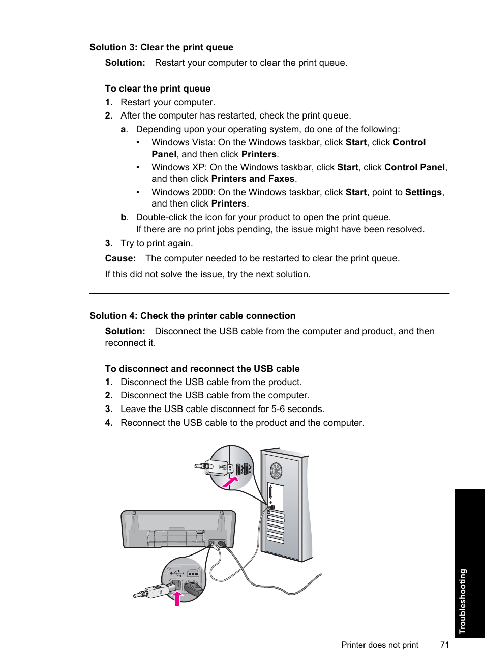Solution 3: clear the print queue, Solution 4: check the printer cable connection | HP Deskjet Ink Advantage D730 Printer User Manual | Page 73 / 122