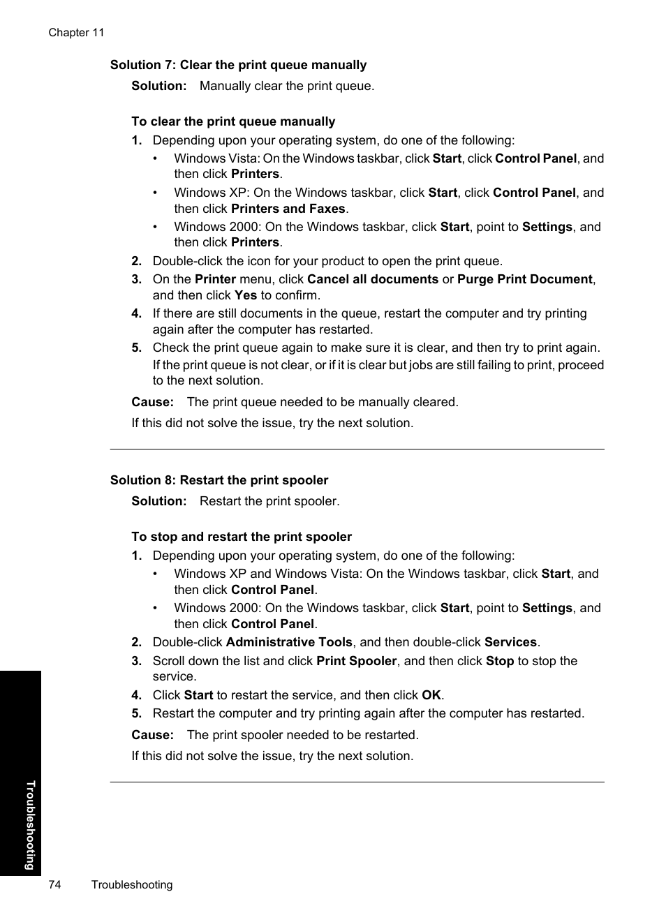 Solution 7: clear the print queue manually, Solution 8: restart the print spooler | HP Deskjet Ink Advantage D730 Printer User Manual | Page 76 / 122