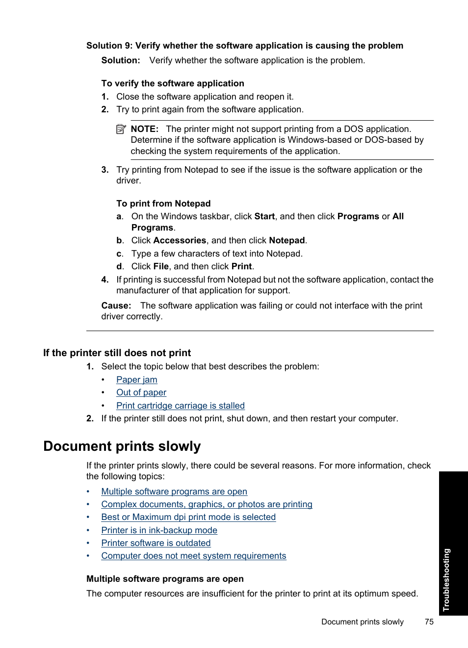 If the printer still does not print, Document prints slowly | HP Deskjet Ink Advantage D730 Printer User Manual | Page 77 / 122