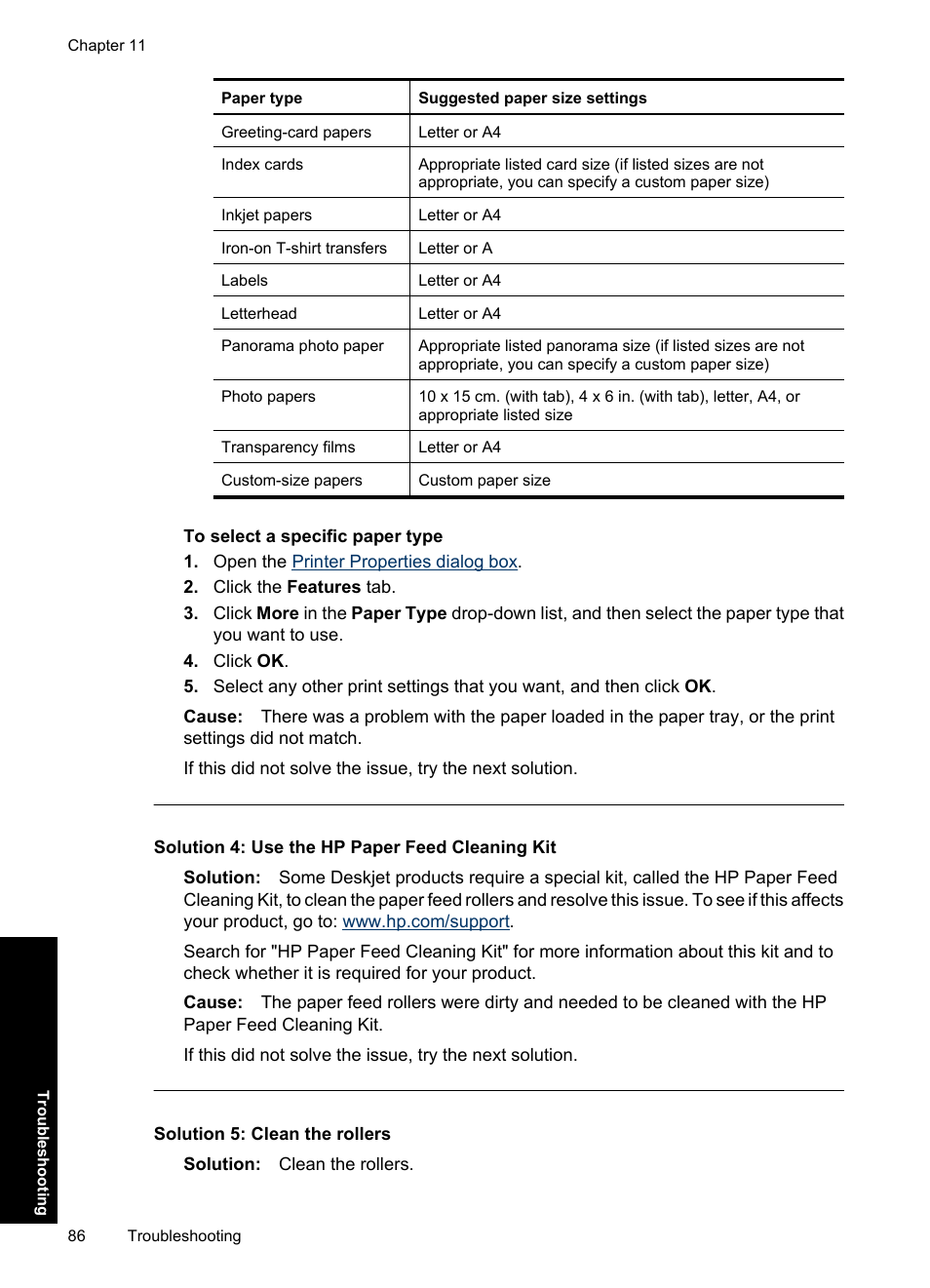 Solution 4: use the hp paper feed cleaning kit, Solution 5: clean the rollers | HP Deskjet Ink Advantage D730 Printer User Manual | Page 88 / 122