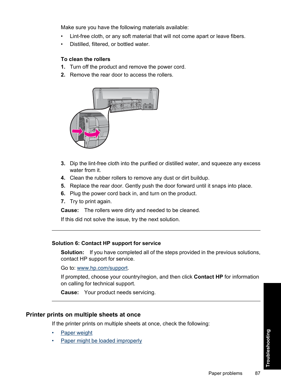 Printer prints on multiple sheets at once, Solution 6: contact hp support for service | HP Deskjet Ink Advantage D730 Printer User Manual | Page 89 / 122