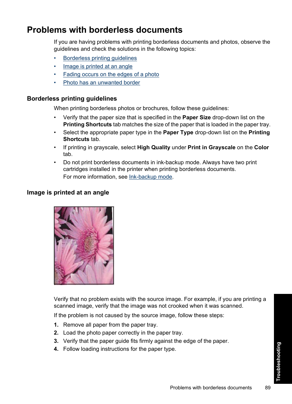 Problems with borderless documents, Borderless printing guidelines, Image is printed at an angle | HP Deskjet Ink Advantage D730 Printer User Manual | Page 91 / 122