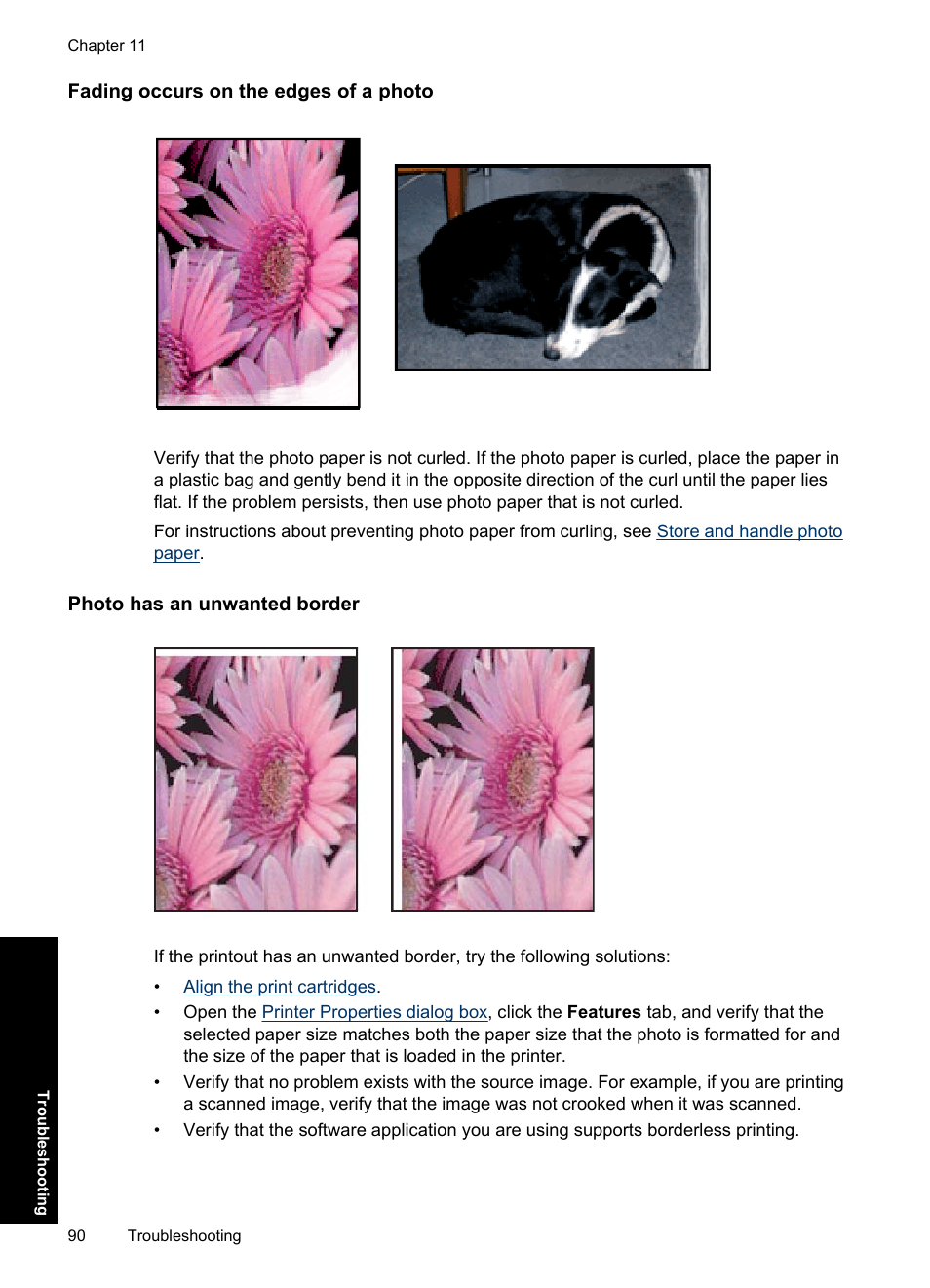 Fading occurs on the edges of a photo, Photo has an unwanted border | HP Deskjet Ink Advantage D730 Printer User Manual | Page 92 / 122