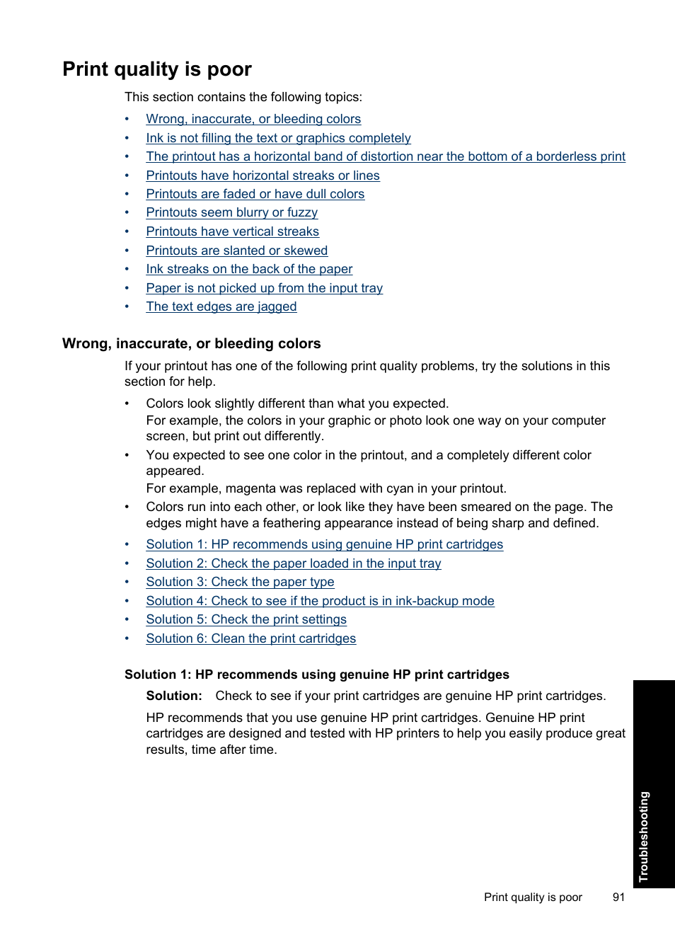 Print quality is poor, Wrong, inaccurate, or bleeding colors | HP Deskjet Ink Advantage D730 Printer User Manual | Page 93 / 122