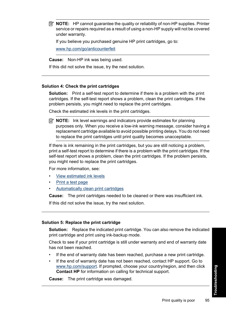 Solution 4: check the print cartridges, Solution 5: replace the print cartridge | HP Deskjet Ink Advantage D730 Printer User Manual | Page 97 / 122