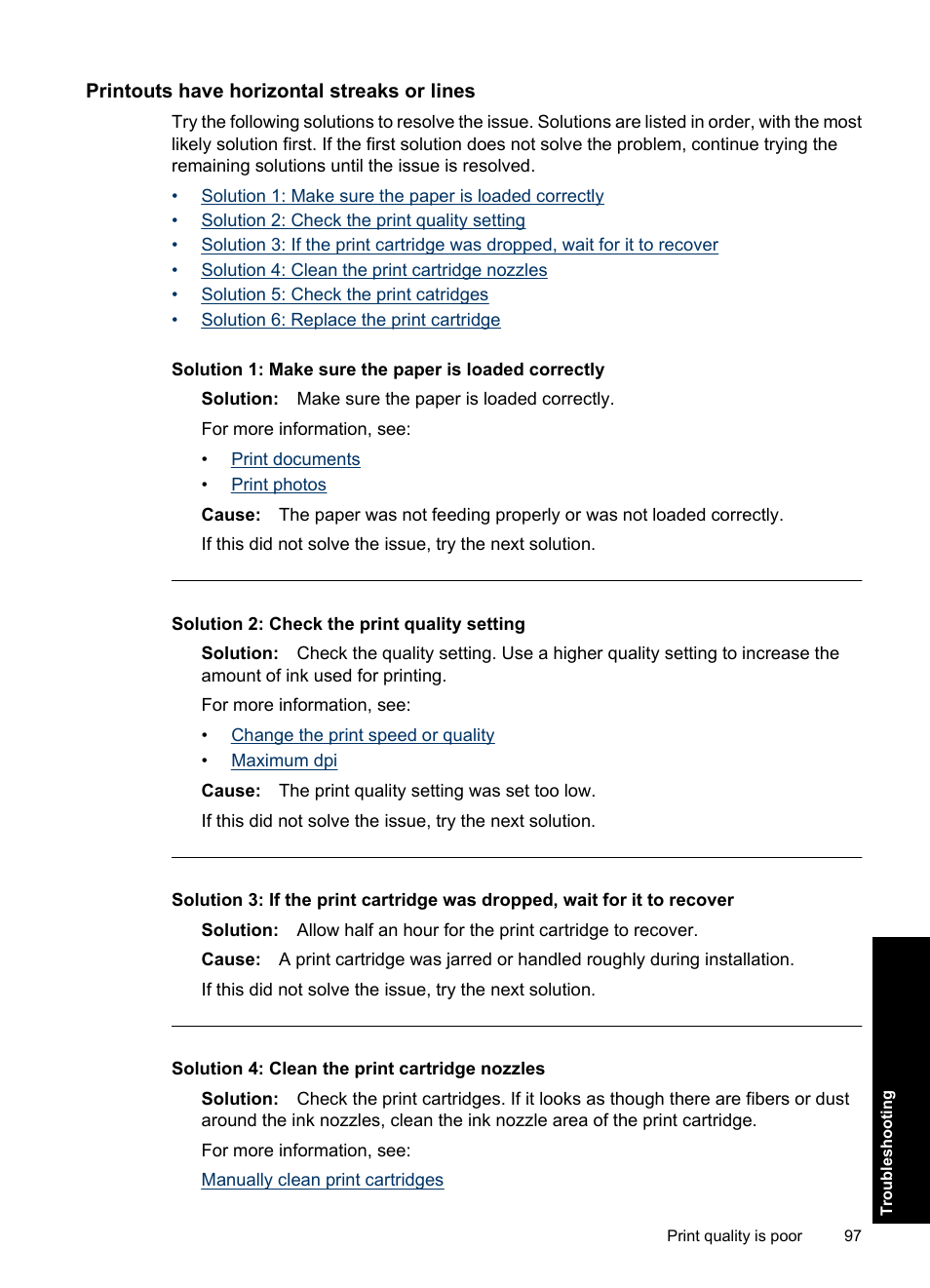 Printouts have horizontal streaks or lines | HP Deskjet Ink Advantage D730 Printer User Manual | Page 99 / 122