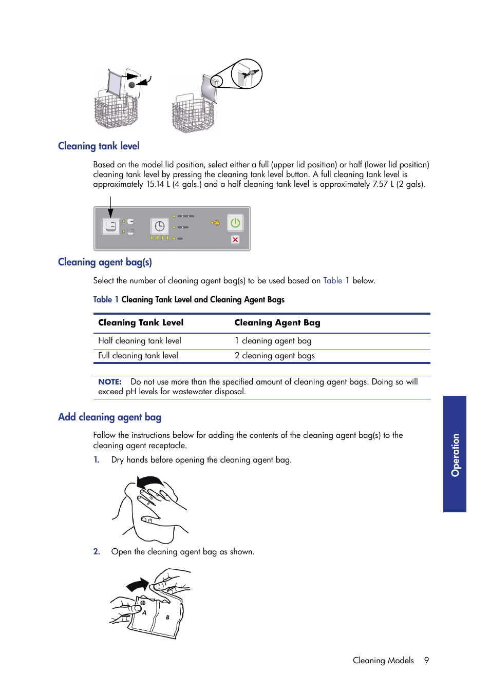 Cleaning tank level, Cleaning agent bag(s), Add cleaning agent bag | Oper ati on | HP Designjet 3D Printer series User Manual | Page 13 / 30