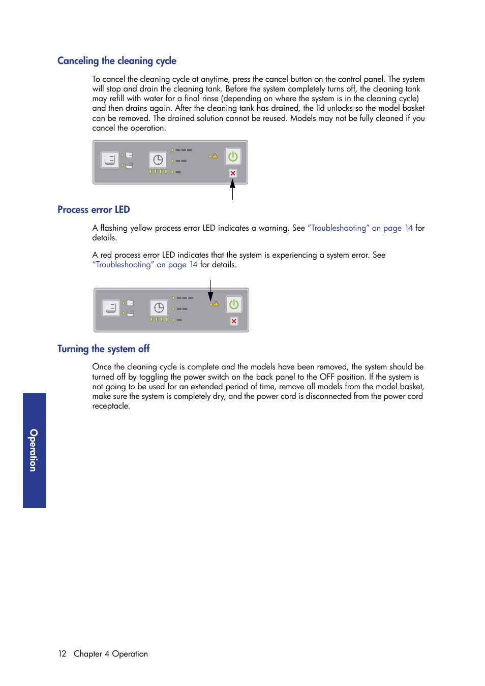 Canceling the cleaning cycle, Process error led, Turning the system off | Op era tio n | HP Designjet 3D Printer series User Manual | Page 16 / 30