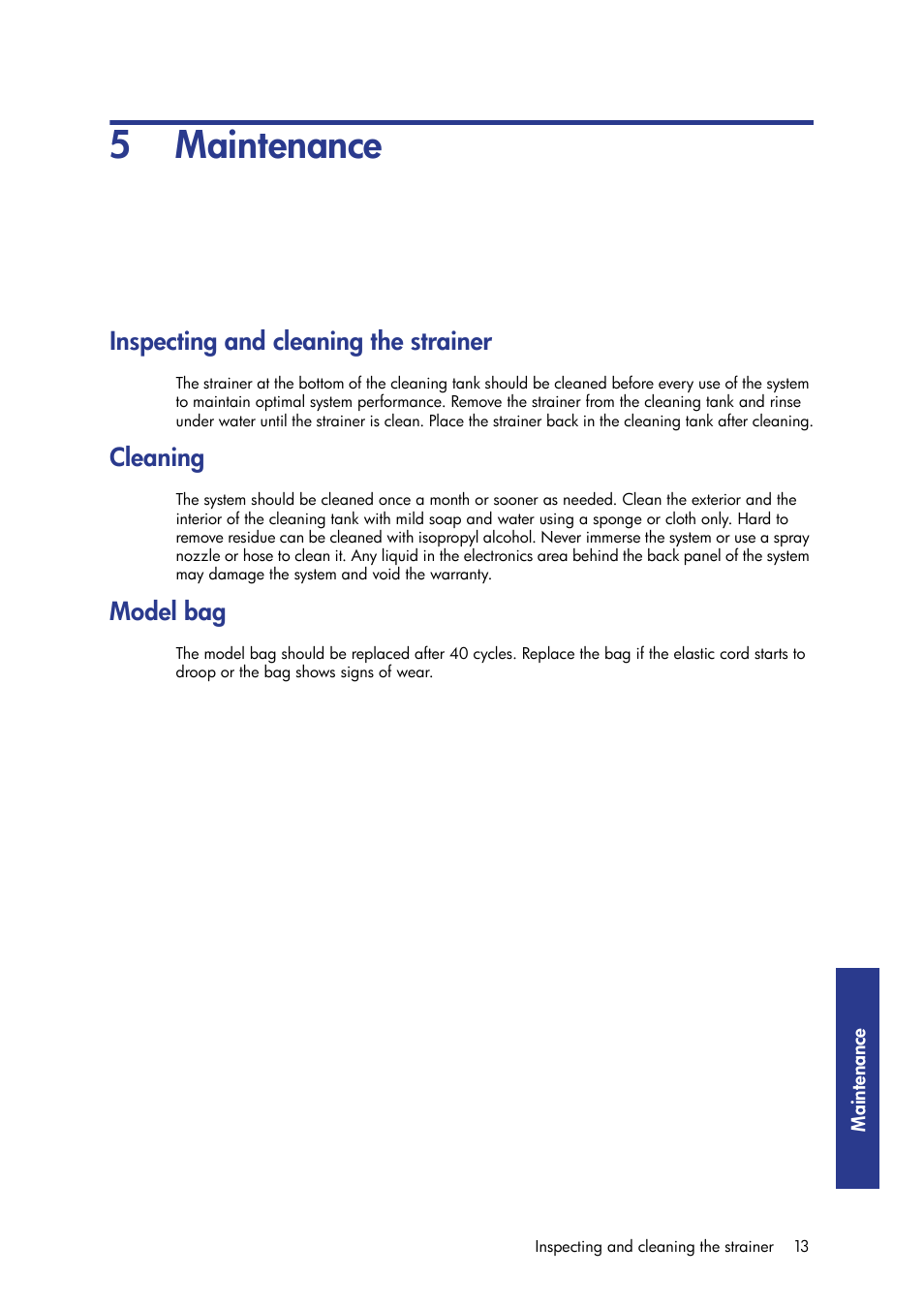 5 maintenance, Inspecting and cleaning the strainer, Cleaning | Model bag, Cleaning model bag | HP Designjet 3D Printer series User Manual | Page 17 / 30