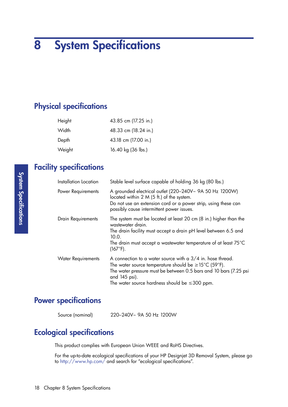 8 system specifications, Physical specifications, Facility specifications | Power specifications, Ecological specifications | HP Designjet 3D Printer series User Manual | Page 22 / 30