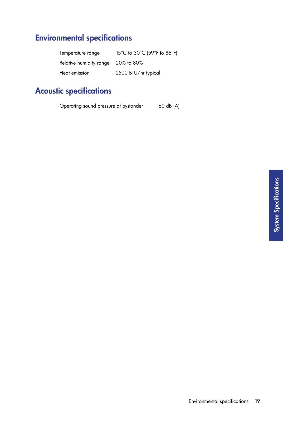 Environmental specifications, Acoustic specifications | HP Designjet 3D Printer series User Manual | Page 23 / 30