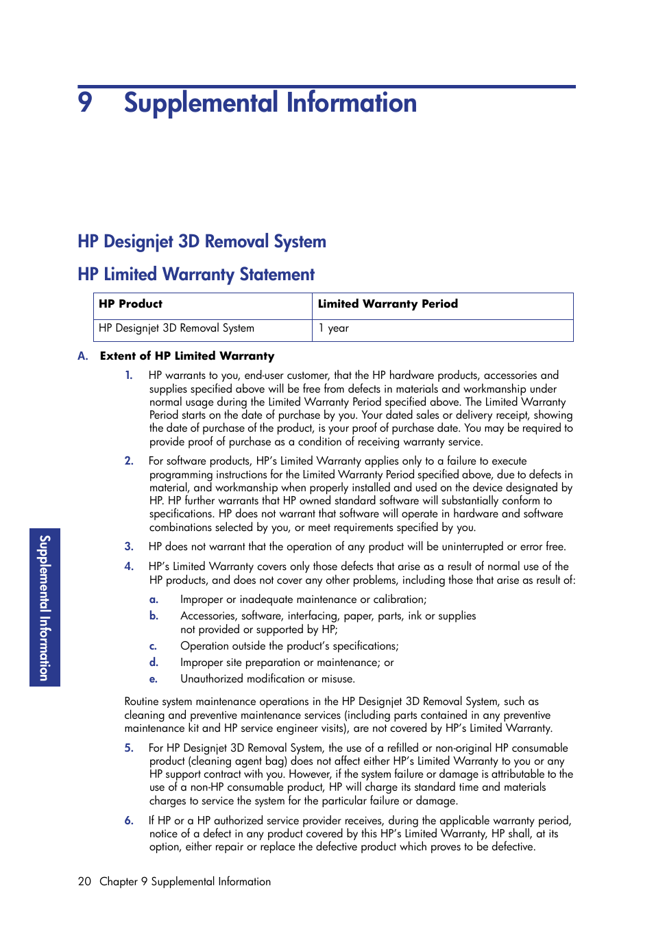 9 supplemental information, Hp limited warranty statement | HP Designjet 3D Printer series User Manual | Page 24 / 30