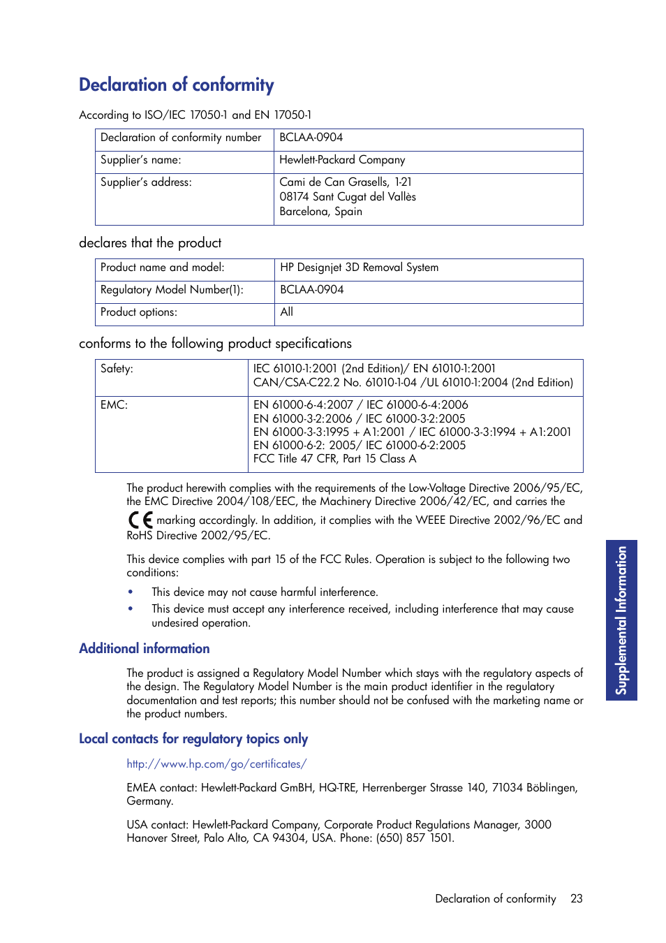 Declaration of conformity | HP Designjet 3D Printer series User Manual | Page 27 / 30