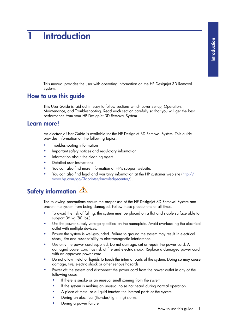 1 introduction, How to use this guide, Learn more | Safety information | HP Designjet 3D Printer series User Manual | Page 5 / 30