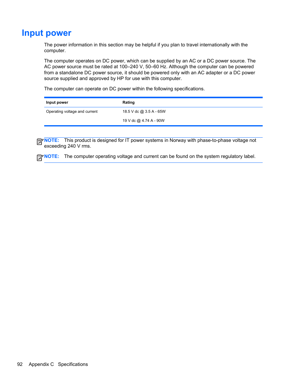 Input power | HP ProBook 4435s Notebook-PC User Manual | Page 102 / 108