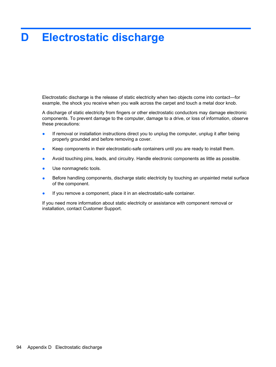 Electrostatic discharge, Appendix d electrostatic discharge, Delectrostatic discharge | HP ProBook 4435s Notebook-PC User Manual | Page 104 / 108