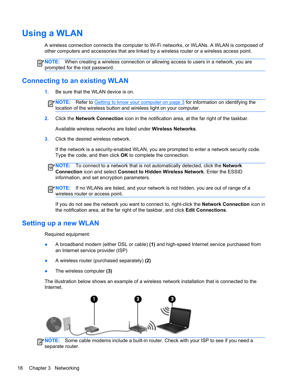Using a wlan, Connecting to an existing wlan, Setting up a new wlan | Connecting | HP ProBook 4435s Notebook-PC User Manual | Page 28 / 108