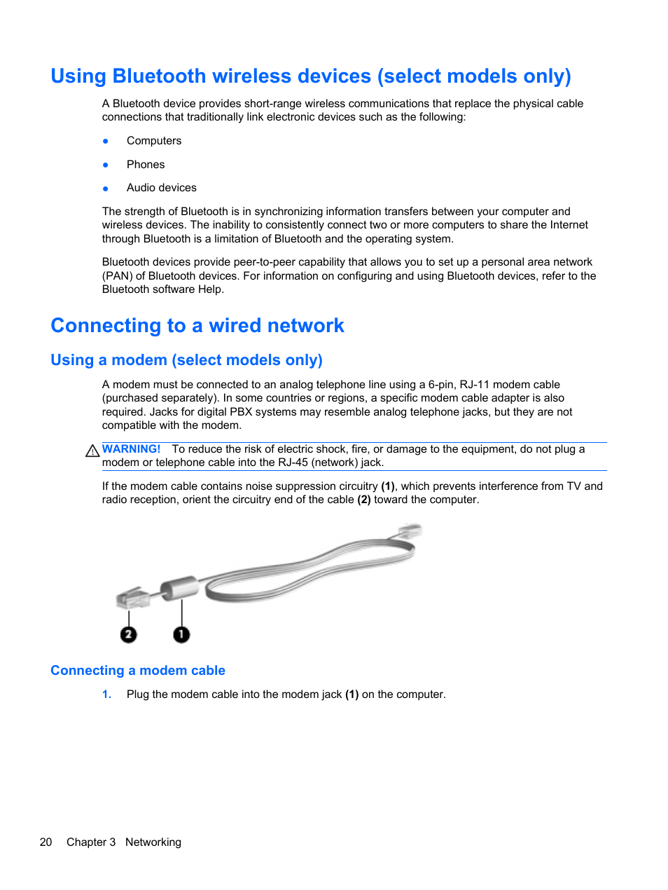 Connecting to a wired network, Using a modem (select models only), Connecting a modem cable | K, refer to | HP ProBook 4435s Notebook-PC User Manual | Page 30 / 108