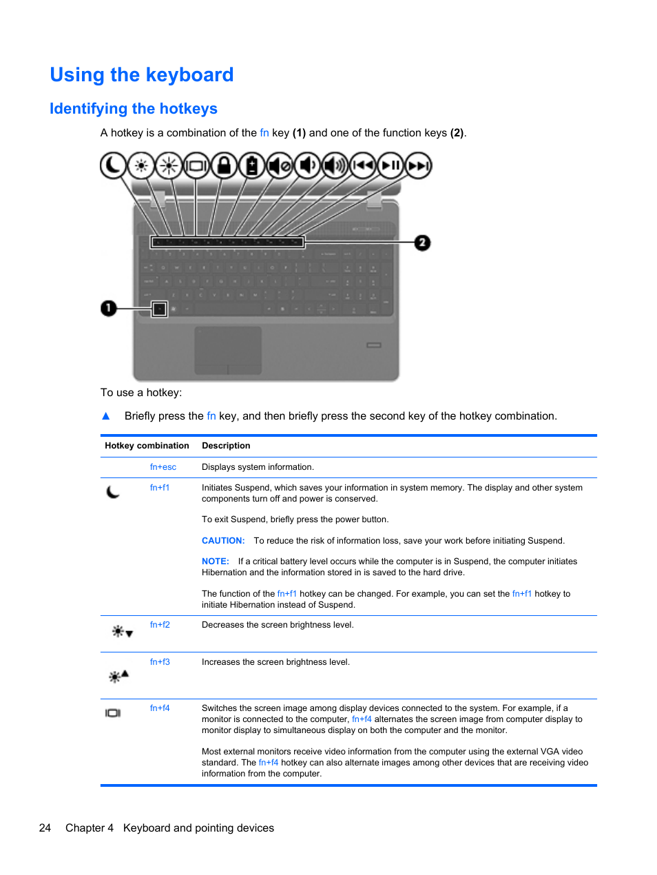 Using the keyboard, Identifying the hotkeys | HP ProBook 4435s Notebook-PC User Manual | Page 34 / 108