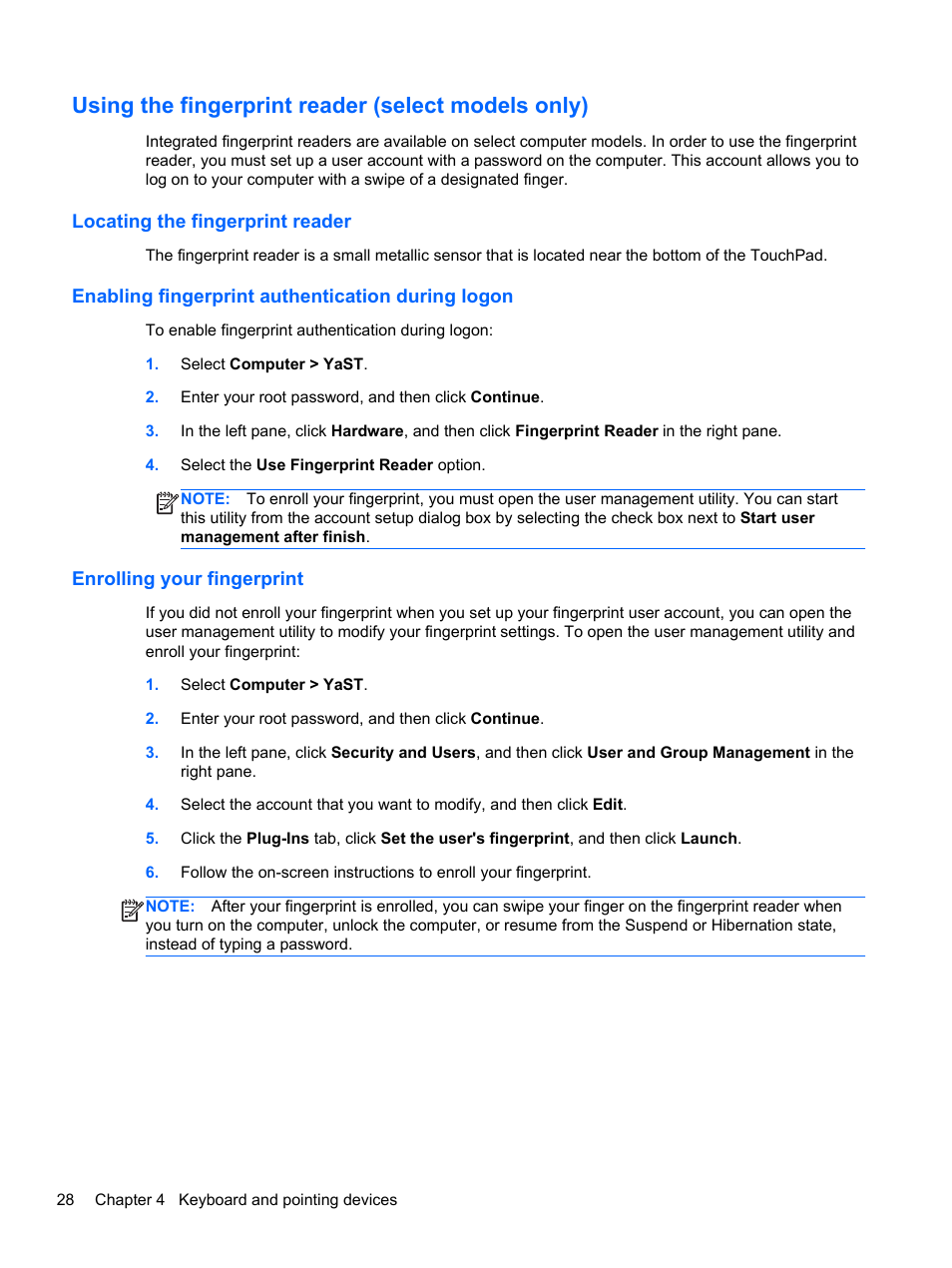 Using the fingerprint reader (select models only), Locating the fingerprint reader, Enabling fingerprint authentication during logon | Enrolling your fingerprint | HP ProBook 4435s Notebook-PC User Manual | Page 38 / 108