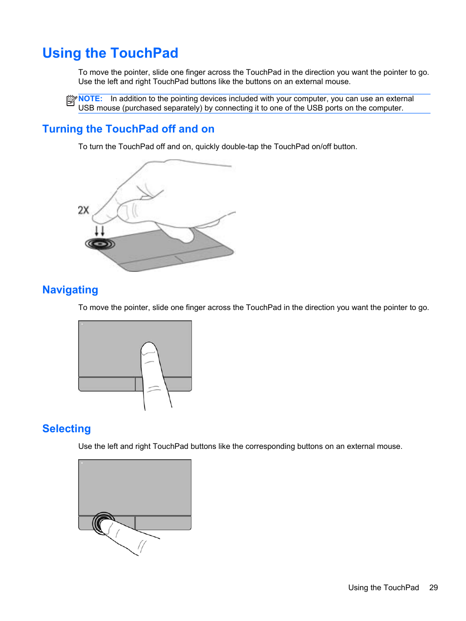 Using the touchpad, Turning the touchpad off and on, Navigating | Selecting | HP ProBook 4435s Notebook-PC User Manual | Page 39 / 108