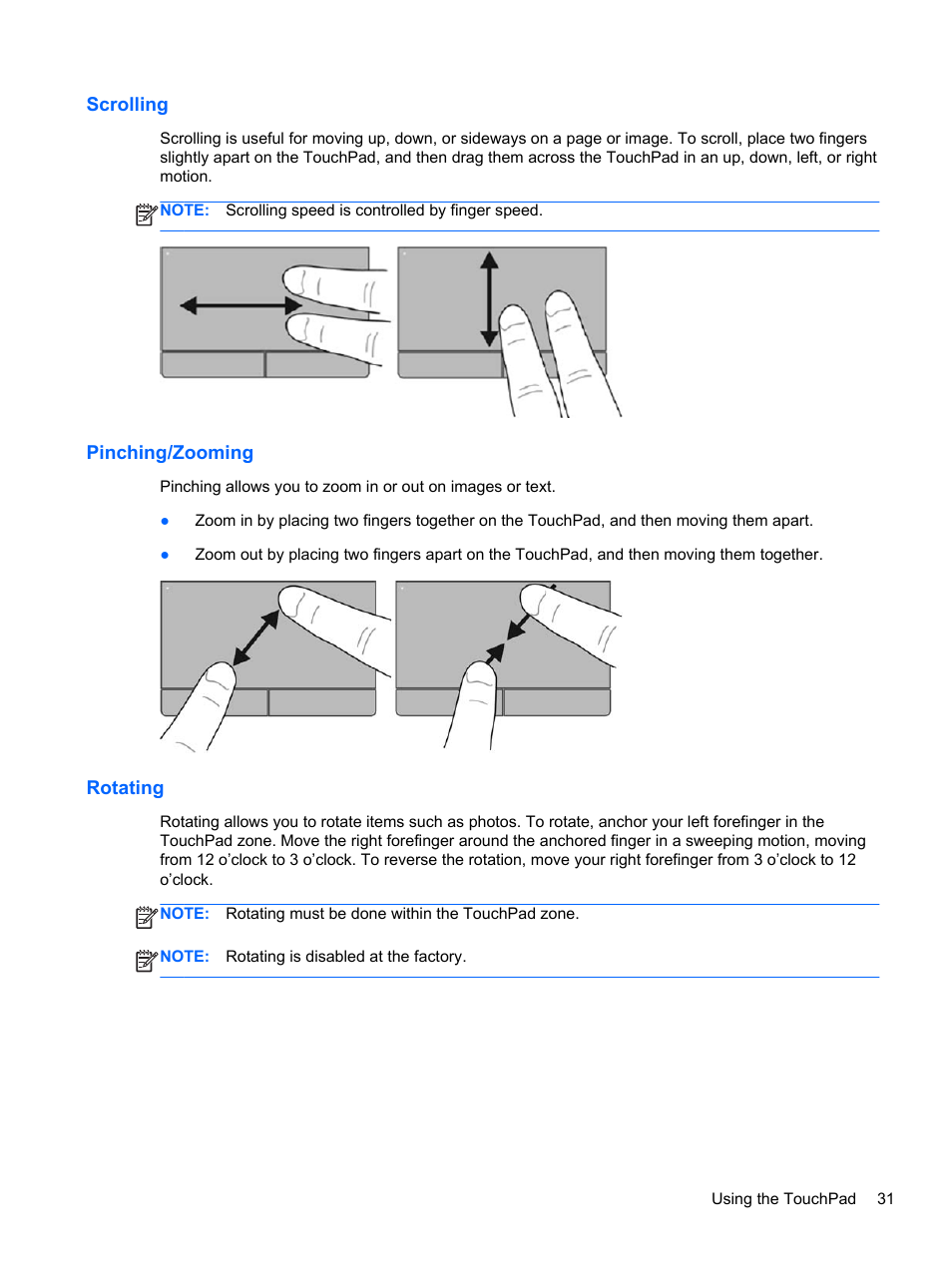 Scrolling, Pinching/zooming, Rotating | Scrolling pinching/zooming rotating | HP ProBook 4435s Notebook-PC User Manual | Page 41 / 108