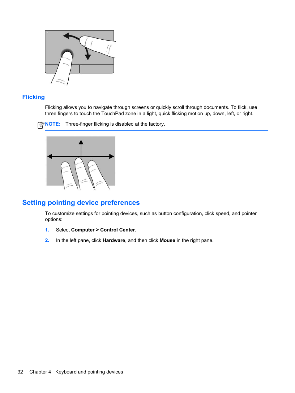 Flicking, Setting pointing device preferences | HP ProBook 4435s Notebook-PC User Manual | Page 42 / 108