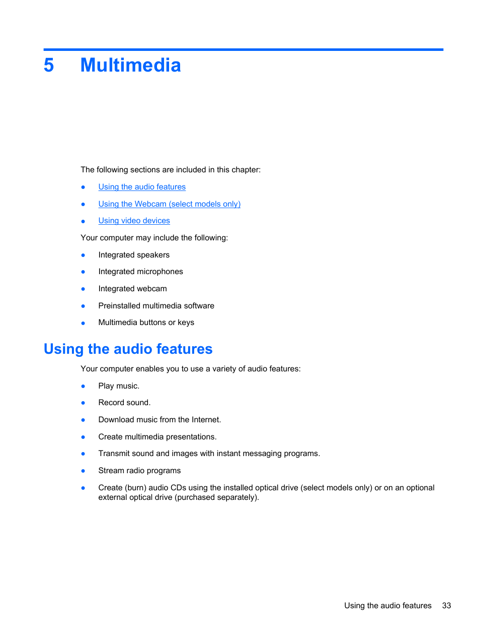 Multimedia, Using the audio features, 5 multimedia | 5multimedia | HP ProBook 4435s Notebook-PC User Manual | Page 43 / 108